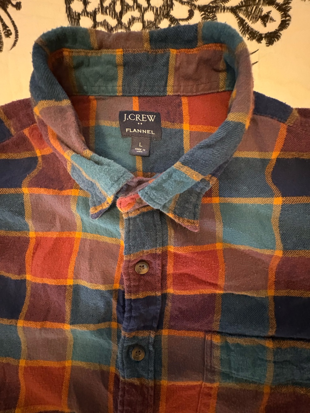J. Crew Men's Flannel Button-Down Shirt in Teal, Rust & Navy Plaid